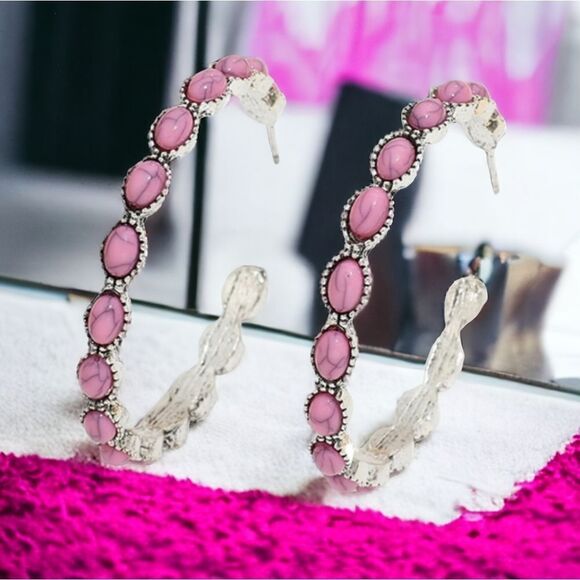 Pink Beaded Bohemian Silver Hoop Earrings Boho Native Western Tribal Jewelry - Picture 9 of 9